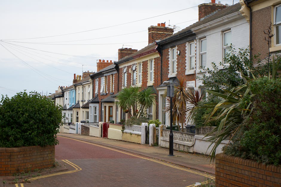 A row of terraced homes on Euston Road featuring diverse exterior facades in white, beige, and brick-red, with some buildings displaying decorative brickwork. The gardens in front of the houses are we